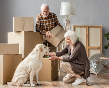 elderly couple with dog packing boxes to move