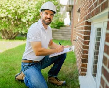 man wearing white shirt and construction hat looking at brick house